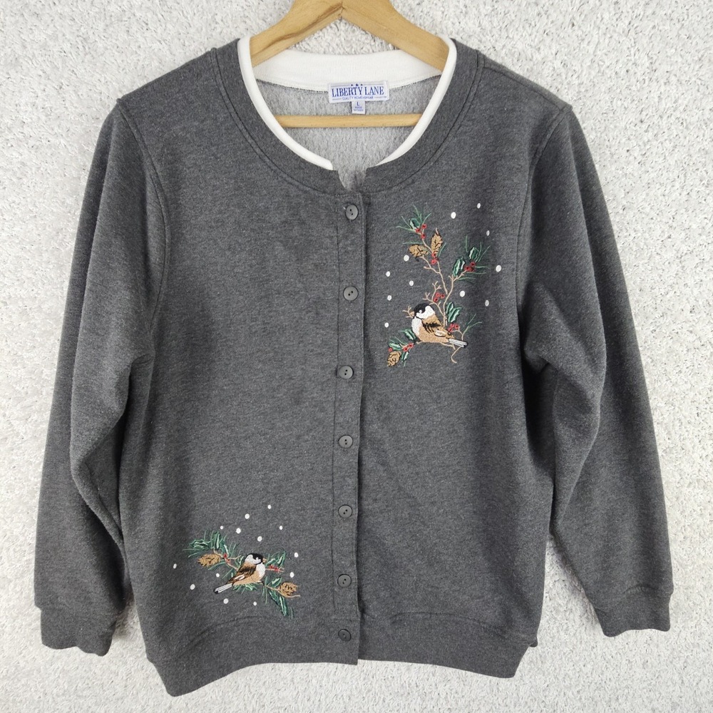 Vintage Liberty Lane Embroidered Cardinals Birds Cardigan Sweater‎ Womens Large